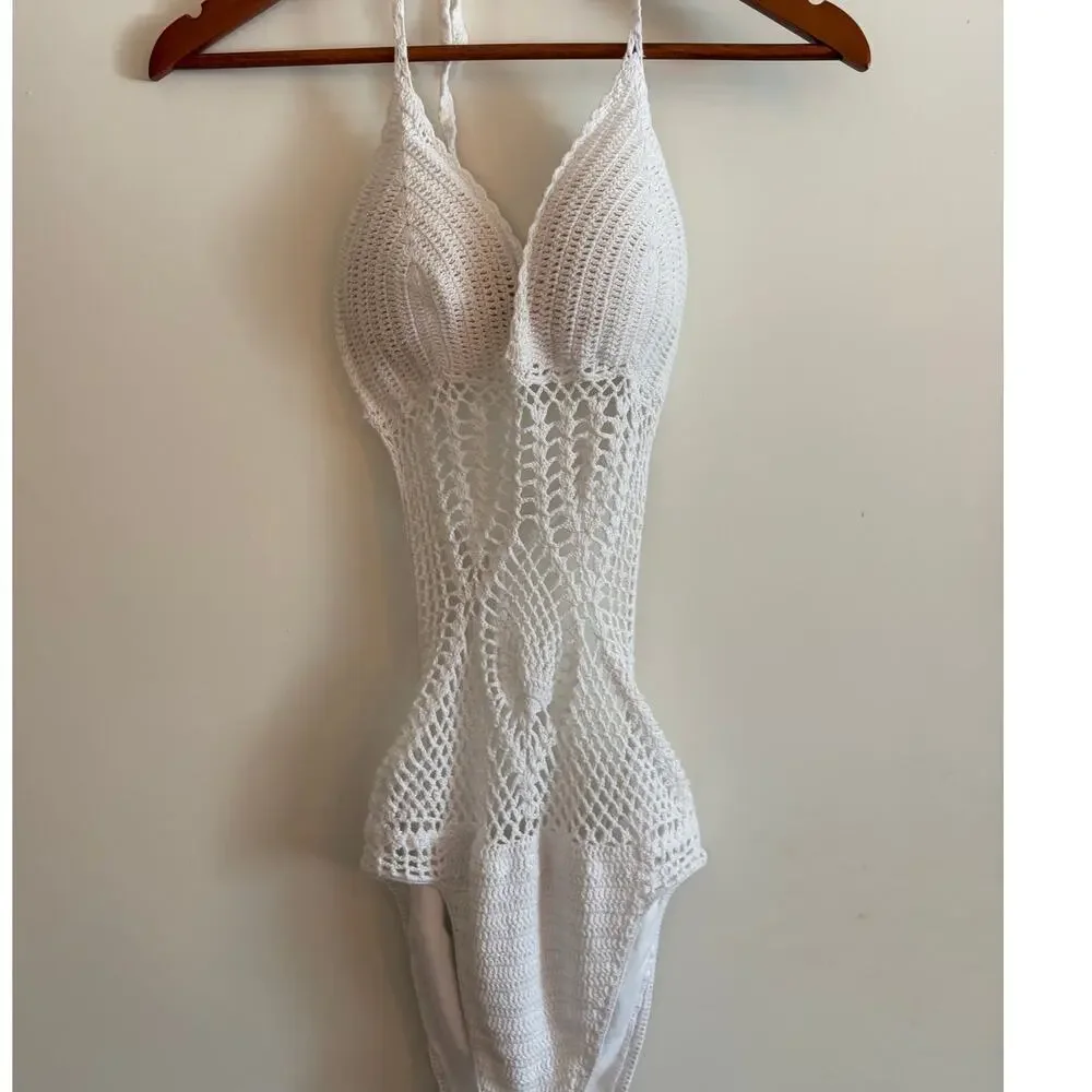 Crochet One Piece White Bathing Suit Size S-M - Picture 2 of 9